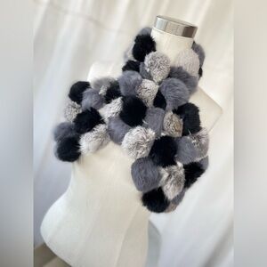 Rabbit Plush Pom-Pom Scarf in Black and Gray - Luxurious Women’s Accessory